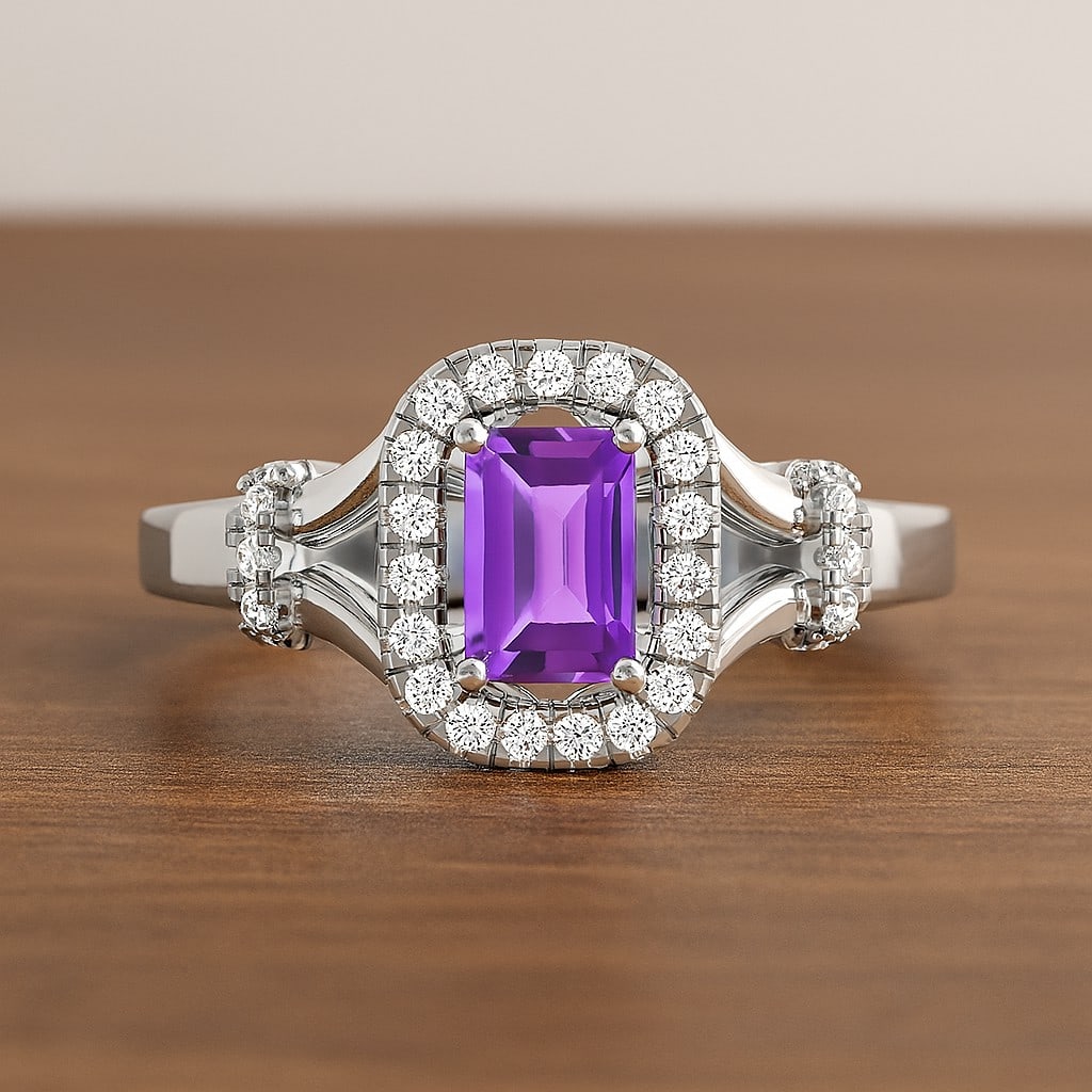Natural Amethyst Gemstone & Lab Grown Diamonds Silver Ring: Natural Amethyst Gemstone & Lab Grown Diamonds Silver Ring Jewelry Type : Ring Gemstone : Natural Amethyst Gemstone Shape : Emerald Gemstone Size : 6x4 MM Gemstone Quantity : 1 Piece Diamond