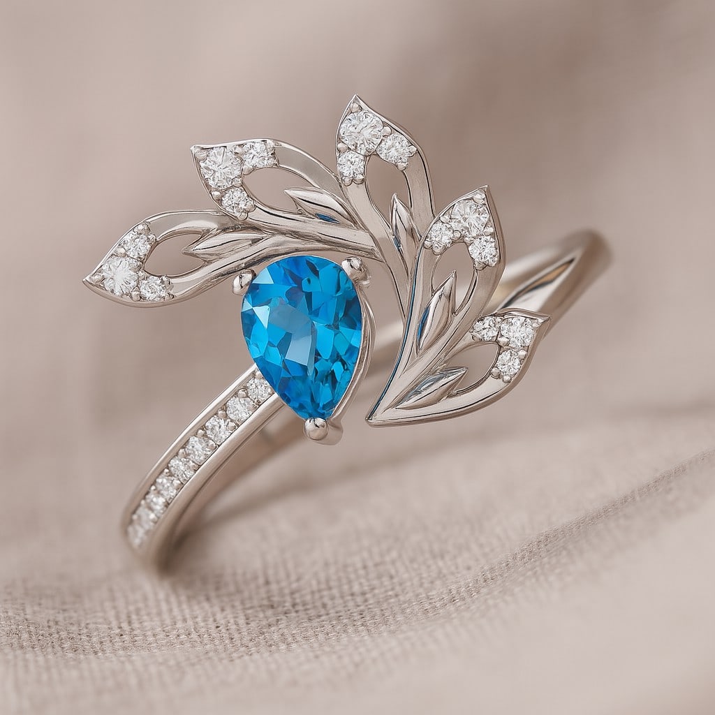 Natural Swiss Blue Topaz Gemstone & Lab Grown Diamonds Silver Ring: Natural Swiss Blue Topaz Gemstone & Lab Grown Diamonds Silver Ring Jewelry Type : Ring Gemstone : Natural Swiss Blue Topaz Gemstone Shape : Pear Gemstone Size : 6x4 MM Gemstone Quantity : 1 Piece</