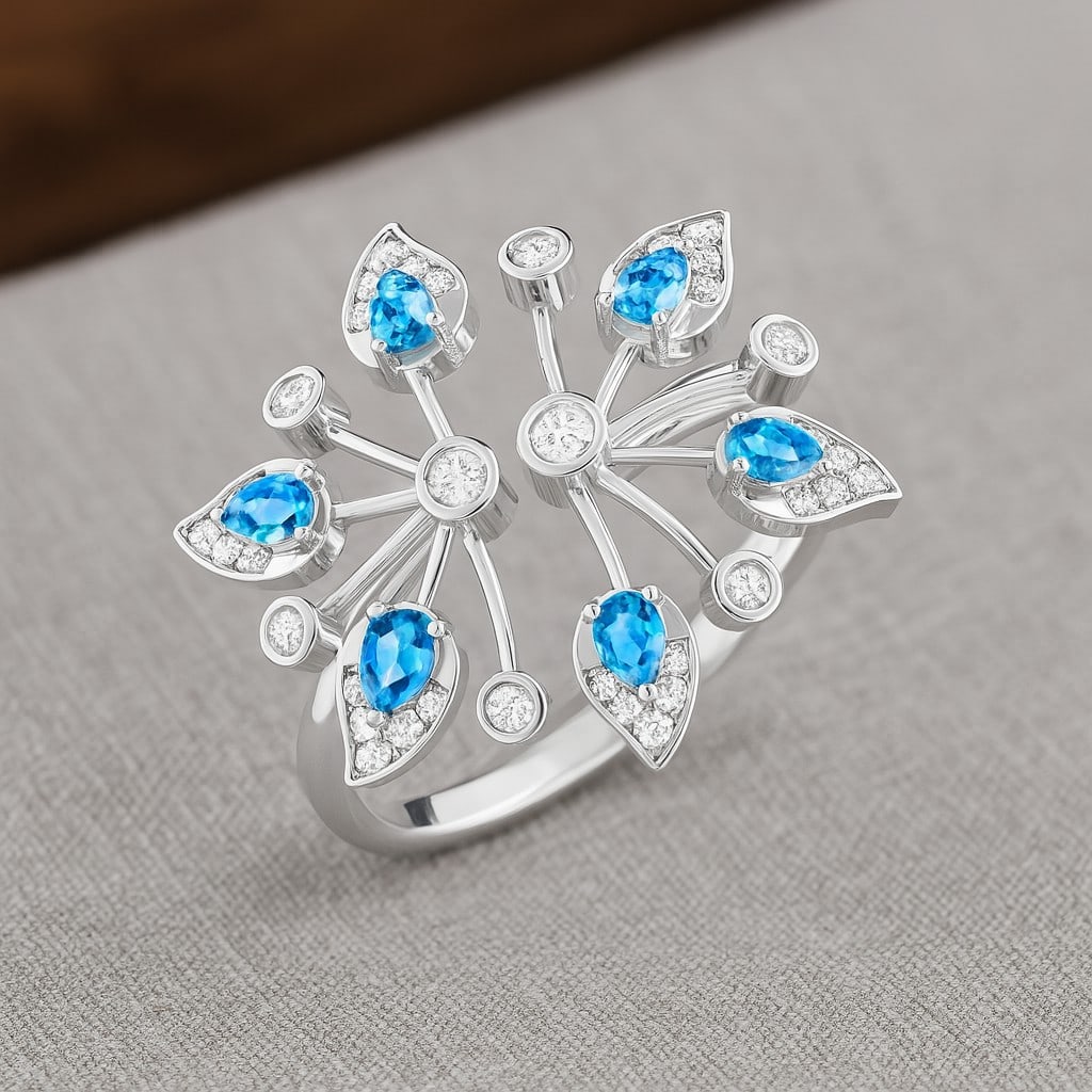 Natural Swiss Blue Topaz Gemstone & Lab Grown Diamonds Silver Ring: Natural Swiss Blue Topaz Gemstone & Lab Grown Diamonds Silver Ring Jewelry Type : Ring Gemstone : Natural Swiss Blue Topaz Gemstone Shape : Pear Gemstone Size : 3x2 MM Gemstone Quantity : 6 Pieces<