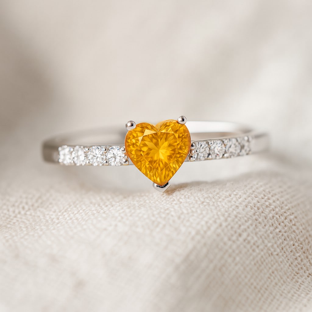 Natural Citrine Gemstone & Lab Grown Diamonds Silver Ring: Natural Citrine Gemstone & Lab Grown Diamonds Silver Ring Jewelry Type : Ring Gemstone : Natural Citrine Gemstone Shape : Heart Gemstone Size : 5 MM Gemstone Quantity : 1 Piece Diamond Type