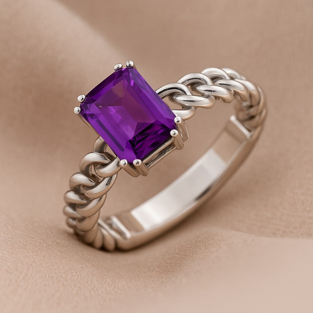 Natural Amethyst Gemstone 92.5 Sterling Silver Ring: Natural Amethyst Gemstone 92.5 Sterling Silver Ring Jewelry Type : Ring Gemstone : Natural Amethyst Gemstone Shape : Emerald Gemstone Size : 8x6 MM Gemstone Quantity : 1 Piece Metal : Sil
