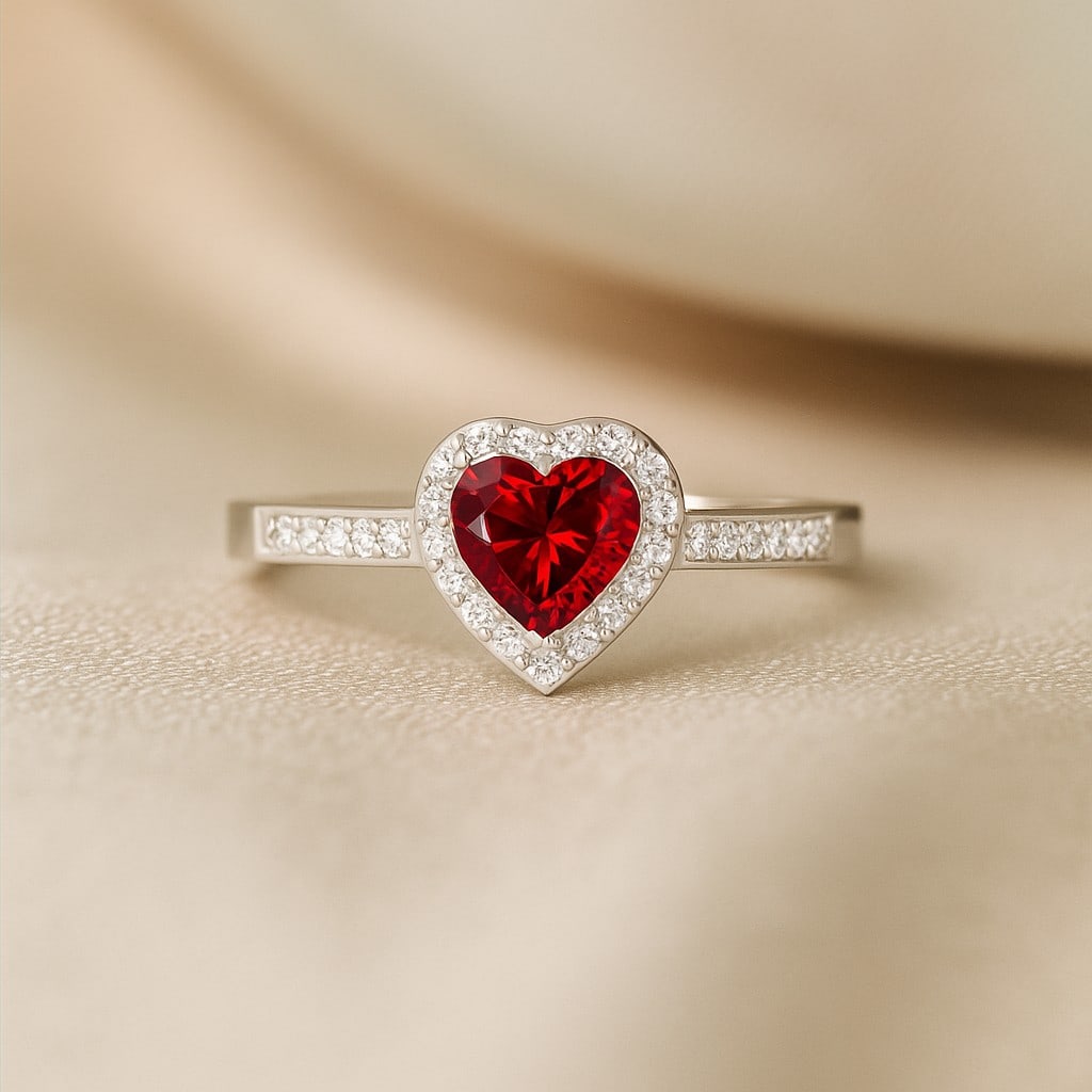 Natural Ruby Gemstone & Lab Grown Diamonds Silver Ring: Natural Ruby Gemstone & Lab Grown Diamonds Silver Ring Jewelry Type : Ring Gemstone : Natural Ruby Gemstone Shape : Heart Gemstone Size : 6 MM Gemstone Quantity : 1 Piece Diamond Type : L