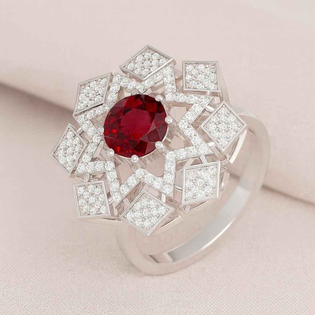 Natural Ruby Gemstone & Lab Grown Diamonds Silver Ring: Natural Ruby Gemstone & Lab Grown Diamonds Silver Ring Jewelry Type : Ring Gemstone : Natural Ruby Gemstone Shape : Round Gemstone Size : 7 MM Gemstone Quantity : 1 Piece Diamond Type : L