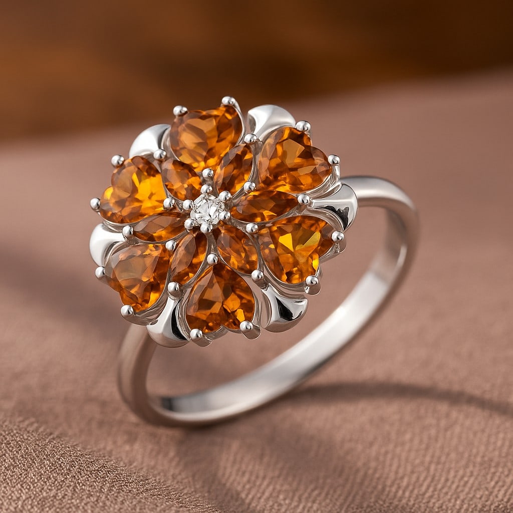 Natural Citrine Gemstone & Lab Grown Diamonds Silver Ring: Natural Citrine Gemstone & Lab Grown Diamonds Silver Ring Jewelry Type : Ring Gemstone : Natural Citrine Gemstone Shape : Heart, Marquise Gemstone Size : 4 MM, 4x2 MM Gemstone Quantity : 12 Pieces<