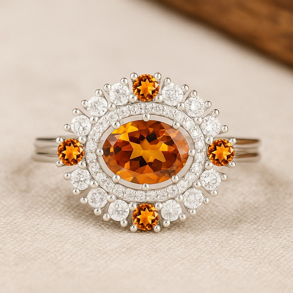 Natural Citrine Gemstone & Lab Grown Diamonds Silver Ring: Natural Citrine Gemstone & Lab Grown Diamonds Silver Ring Jewelry Type : Ring Gemstone : Natural Citrine Gemstone Shape : Oval, Round Gemstone Size : 8x6 MM, 2.5 MM Gemstone Quantity : 1 Piece, 4 P