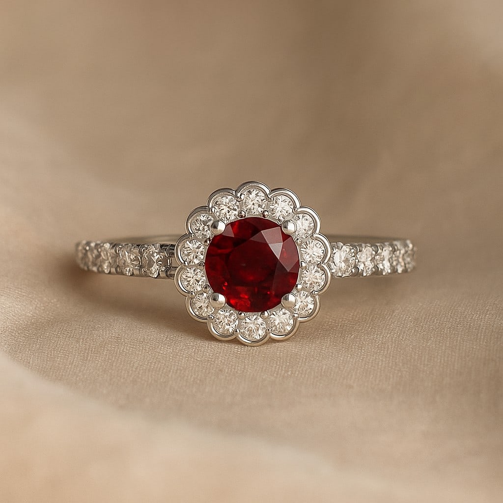 Natural Ruby Gemstone & Lab Grown Diamonds Silver Ring: Natural Ruby Gemstone & Lab Grown Diamonds Silver Ring Jewelry Type : Ring Gemstone : Natural Ruby Gemstone Shape : Round Gemstone Size : 5x5 MM Gemstone Quantity : 1 Piece Diamond Type :