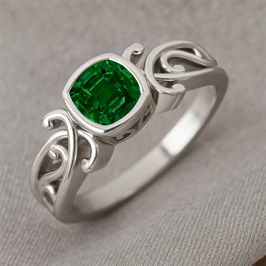Lab Grown Emerald & Diamonds Silver Ring: Lab Grown Emerald & Diamonds Silver Ring Jewelry Type : Ring Gemstone : Lab Grown Emerald Gemstone Shape : Cushion Square Gemstone Size : 6 MM Gemstone Quantity : 1 Piece Metal : Silver</