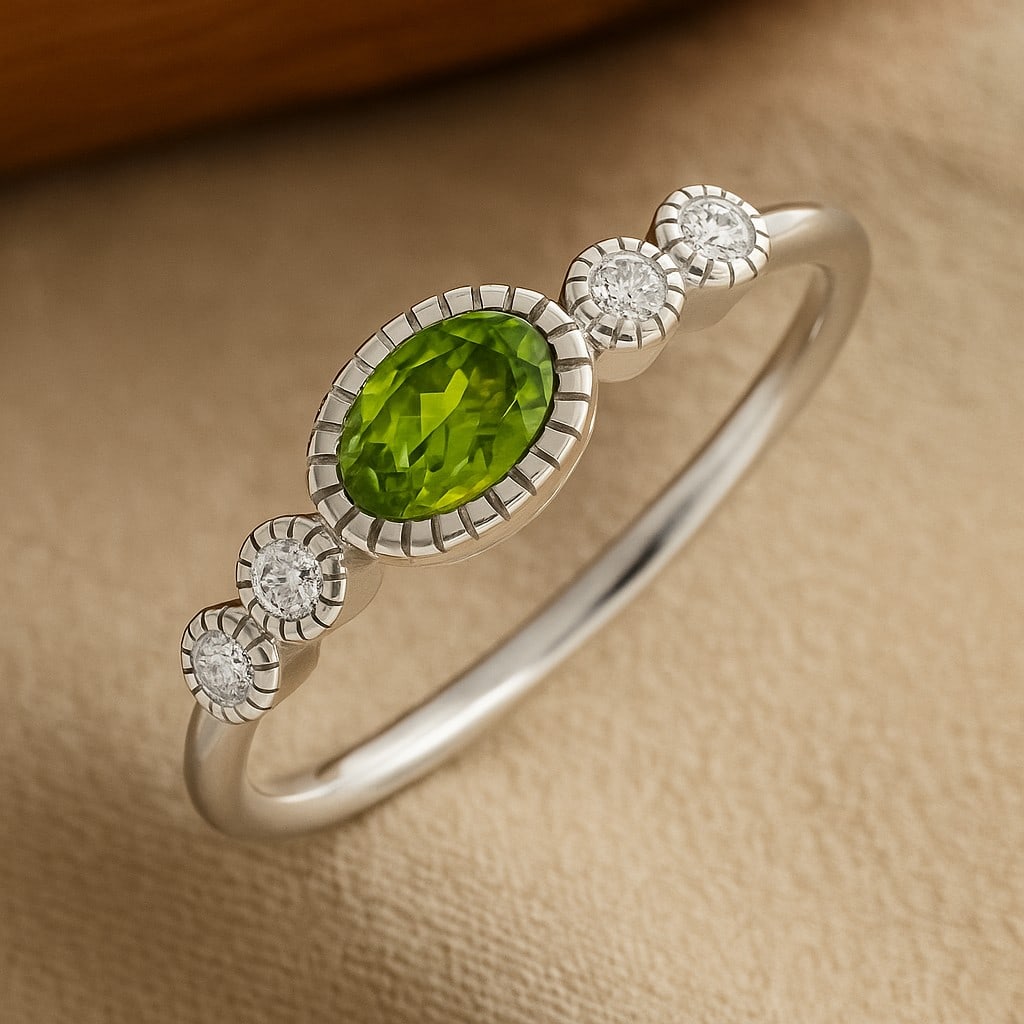 Natural Peridot Gemstone & Lab Grown Diamonds Silver Ring: Natural Peridot Gemstone & Lab Grown Diamonds Silver Ring Jewelry Type : Ring Gemstone : Natural Peridot Gemstone Shape : Oval Gemstone Size : 6x4 MM Gemstone Quantity : 1 Piece Diamond Type