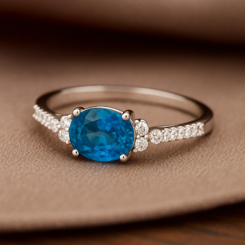 Natural Swiss Blue Topaz Gemstone & Lab Grown Diamonds Silver Ring: Natural Swiss Blue Topaz Gemstone & Lab Grown Diamonds Silver Ring Jewelry Type : Ring Gemstone : Natural swiss Blue Topaz Gemstone Shape : Oval Gemstone Size : 7x5 MM Gemstone Quantity : 1 Piece</