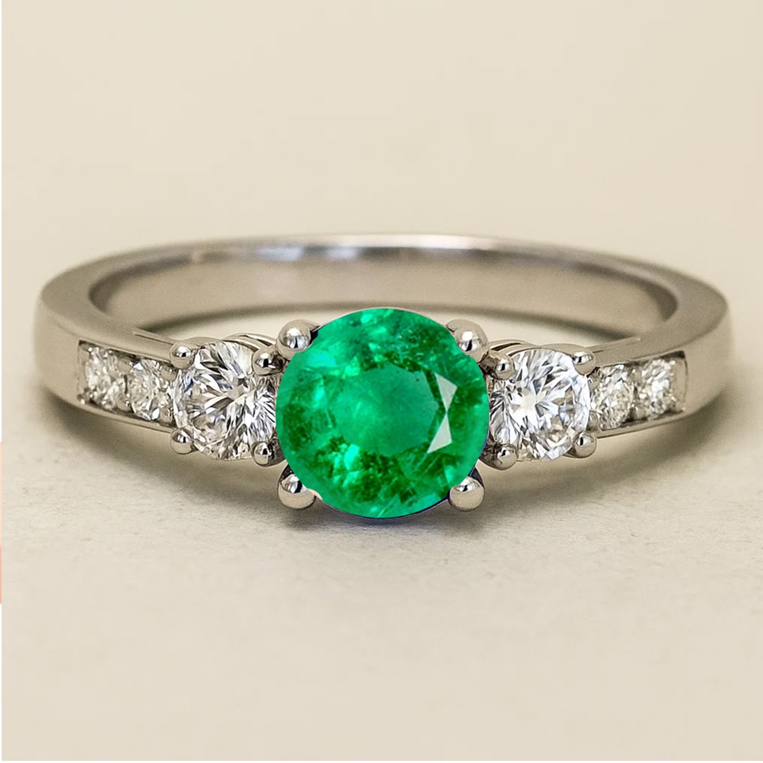 Lab Grown Emerald & Diamonds Silver Ring: Lab Grown Emerald & Diamonds Silver Ring Jewelry Type : Ring Gemstone : Lab Grown Emerald Gemstone Shape : Round Gemstone Size : 6 MM Gemstone Quantity : 1 Piece Diamond Type : Lab Grown<