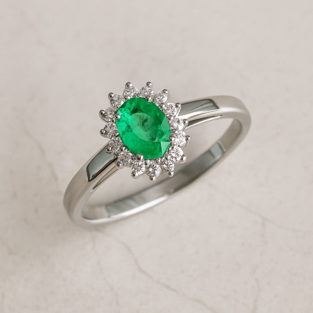Lab Grown Emerald & Diamonds Silver Ring: Lab Grown Emerald & Diamonds Silver Ring Jewelry Type : Ring Gemstone : Lab Grown Emerald Gemstone Shape : Oval Gemstone Size : 7x5 MM Gemstone Quantity : 1 Piece Diamond Type : Lab Grown