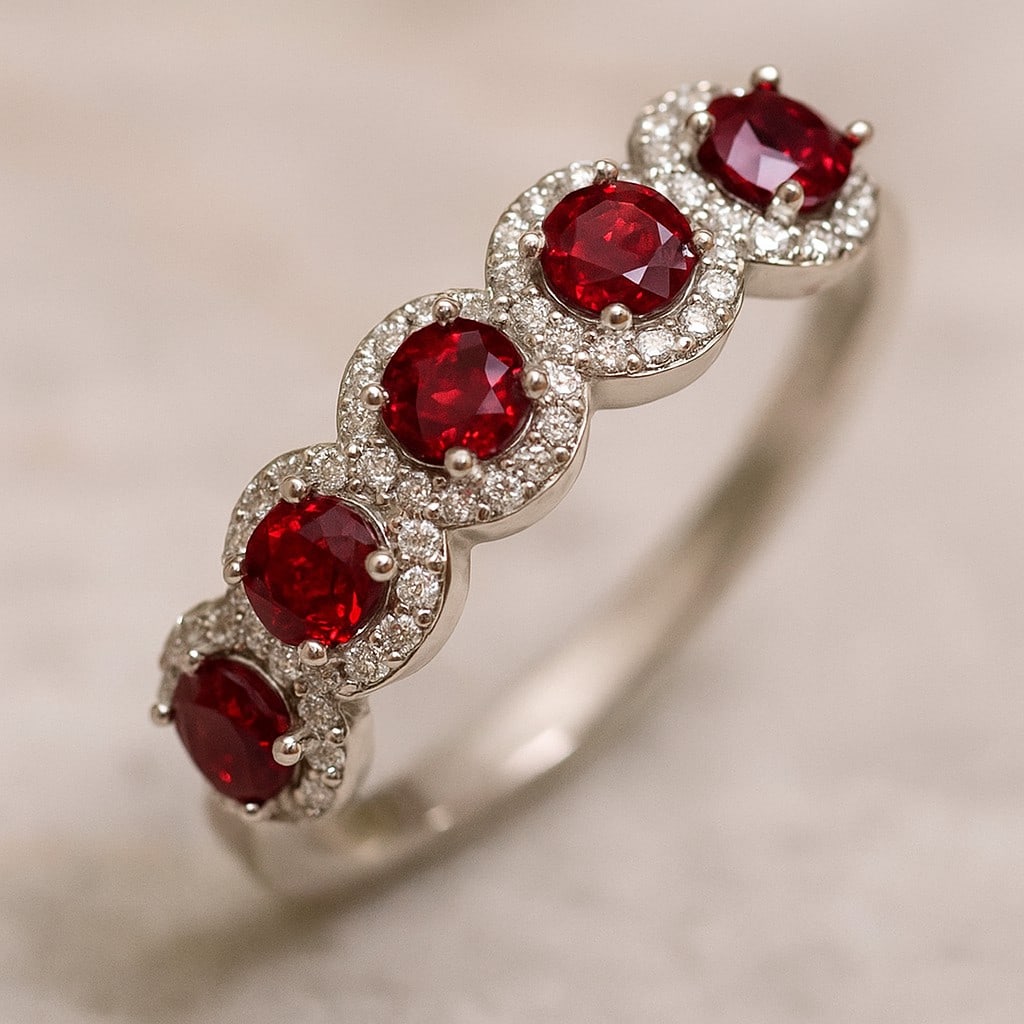 Natural Ruby Gemstone & Lab Grown Diamonds Silver Ring: Natural Ruby Gemstone & Lab Grown Diamonds Silver Ring Jewelry Type : Ring Gemstone : Natural Ruby Gemstone Shape : Round Gemstone Size : 4 MM Gemstone Quantity : 5 Pieces Diamond Type :