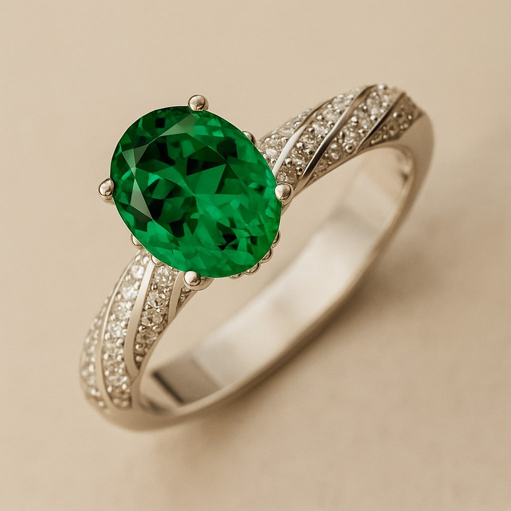 Lab Grown Emerald & Diamonds Silver Ring: Lab Grown Emerald & Diamonds Silver Ring Jewelry Type : Ring Gemstone : Lab Grown Diamond Gemstone Shape : Oval Gemstone Size : 8x6 MM Gemstone Quantity : 1 Piece Diamond Type : Lab Grown
