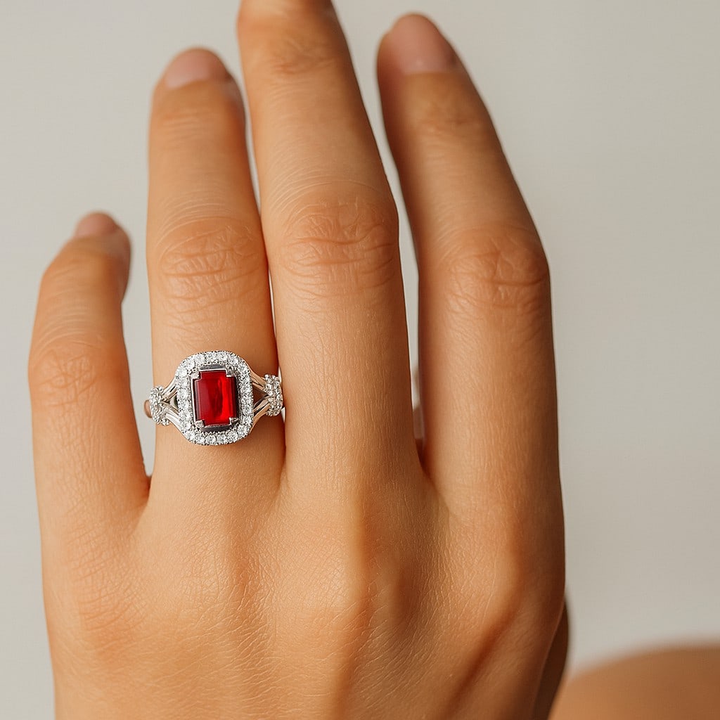 Natural Ruby Gemstone & Lab Grown Diamonds Silver Ring - 3