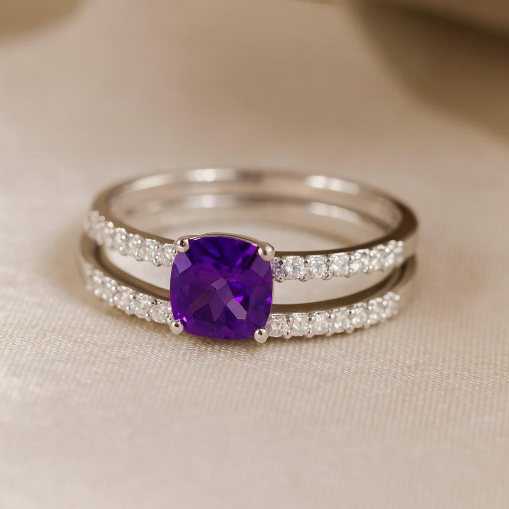 Natural Amethyst Gemstone & Lab Grown Diamonds Silver Ring: Natural Amethyst Gemstone & Lab Grown Diamonds Silver Ring Jewelry Type : Ring Gemstone : Natural Amethyst Gemstone Shape : Cushion Square Gemstone Size : 5 MM Gemstone Quantity : 1 Piece Di