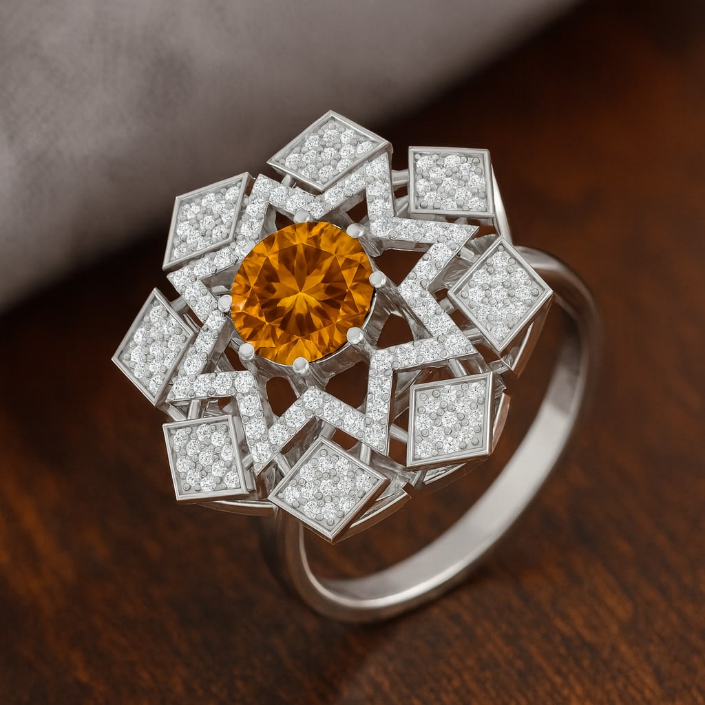 Natural Citrine Gemstone & Lab Grown Diamonds Silver Ring: Natural Citrine Gemstone & Lab Grown Diamonds Silver Ring Jewelry Type : Ring Gemstone : Natural Citrine Gemstone Shape : Round Gemstone Size : 7 MM Gemstone Quantity : 1 Piece Diamond Type