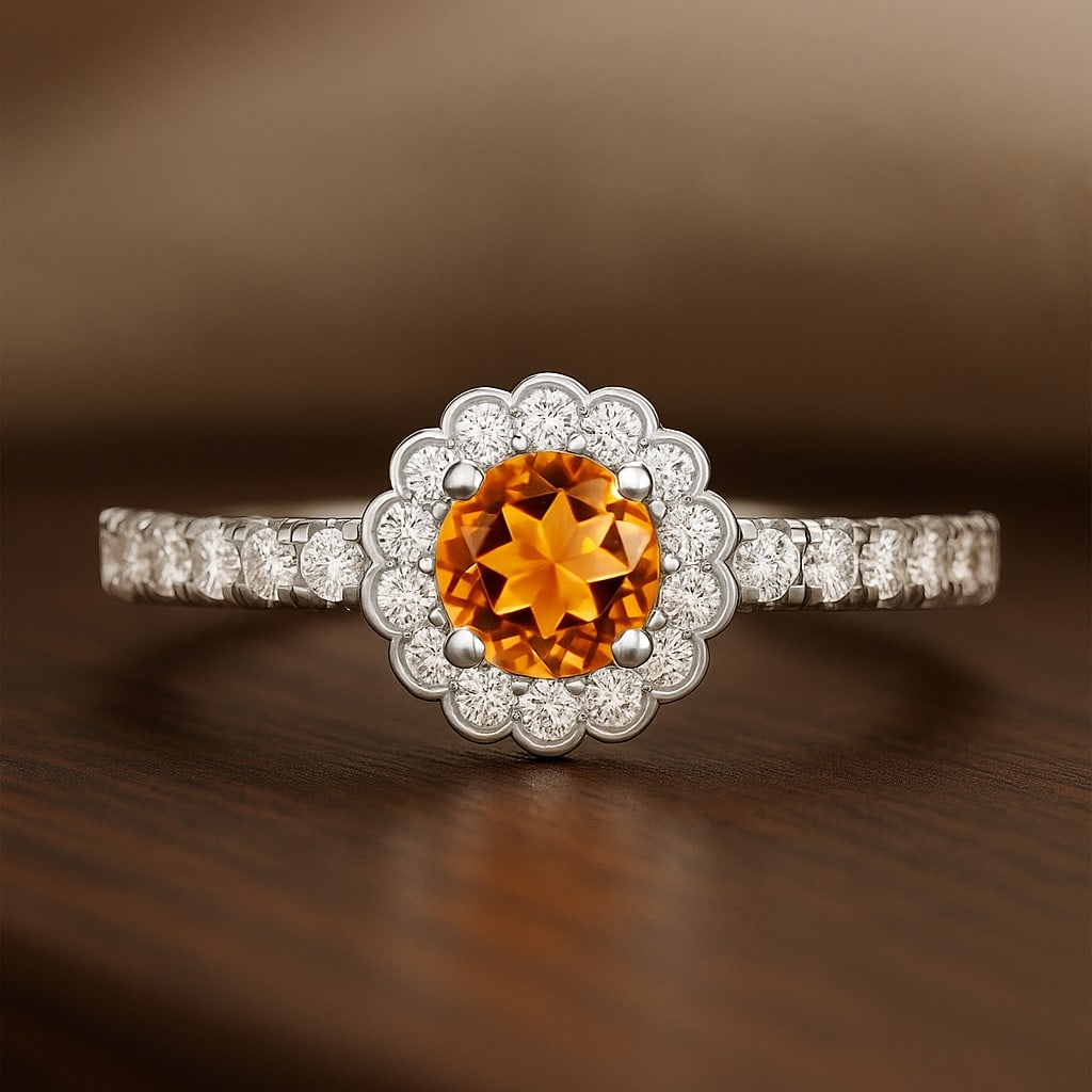 Natural Citrine Gemstone & Lab Grown Diamonds Silver Ring: Natural Citrine Gemstone & Lab Grown Diamonds Silver Ring Jewelry Type : Ring Gemstone : Natural Citrine Gemstone Shape : Round Gemstone Size : 5x5 MM Gemstone Quantity : 1 Piece Diamond Typ
