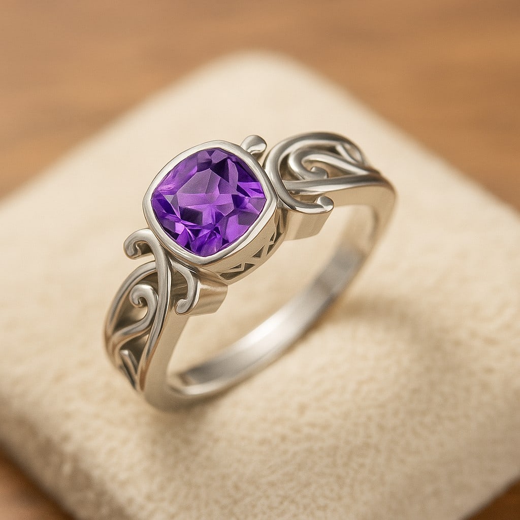 Natural Amethyst Gemstone 92.5 Sterling Silver Ring: Natural Amethyst Gemstone 92.5 Sterling Silver Ring Jewelry Type : Ring Gemstone : Natural Amethyst Gemstone Shape : Cushion Square Gemstone Size : 6 MM Gemstone Quantity : 1 Piece Metal : <