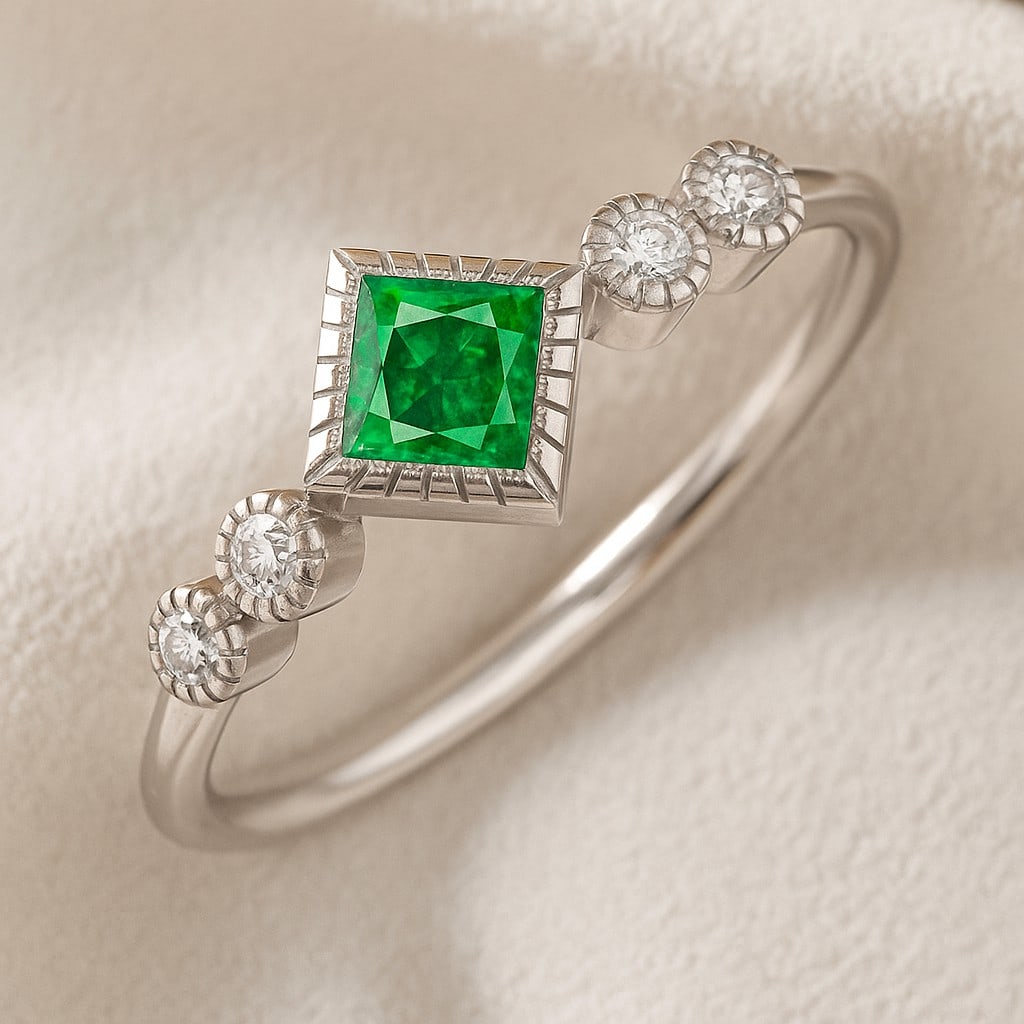 Lab Grown Emerald & Diamonds Silver Ring: Lab Grown Emerald & Diamonds Silver Ring Jewelry Type : Ring Gemstone : Lab Grown Emerald Gemstone Shape : Princess Gemstone Size : 4 MM Gemstone Quantity : 1 Piece Diamond Type : Lab Gro