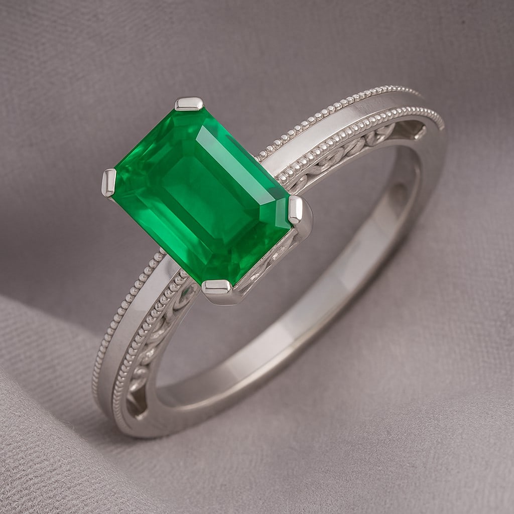 Lab Grown Emerald & Diamonds Silver Ring: Lab Grown Emerald & Diamonds Silver Ring Jewelry Type : Ring Gemstone : Lab Grown Emerald Gemstone Shape : Emerald Gemstone Size : 8x6 MM Gemstone Quantity : 1 Piece Diamond Type : Lab Gr