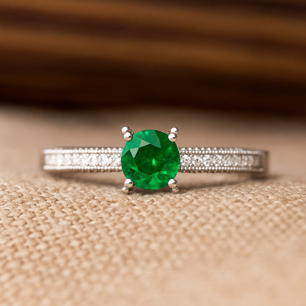 Lab Grown Emerald & Diamonds Silver Ring: Lab Grown Emerald & Diamonds Silver Ring Jewelry Type : Ring Gemstone : Lab Grown Emerald Gemstone Shape : Round Gemstone Size : 5 MM Gemstone Quantity : 1 Piece Diamond Type : Lab Grown<