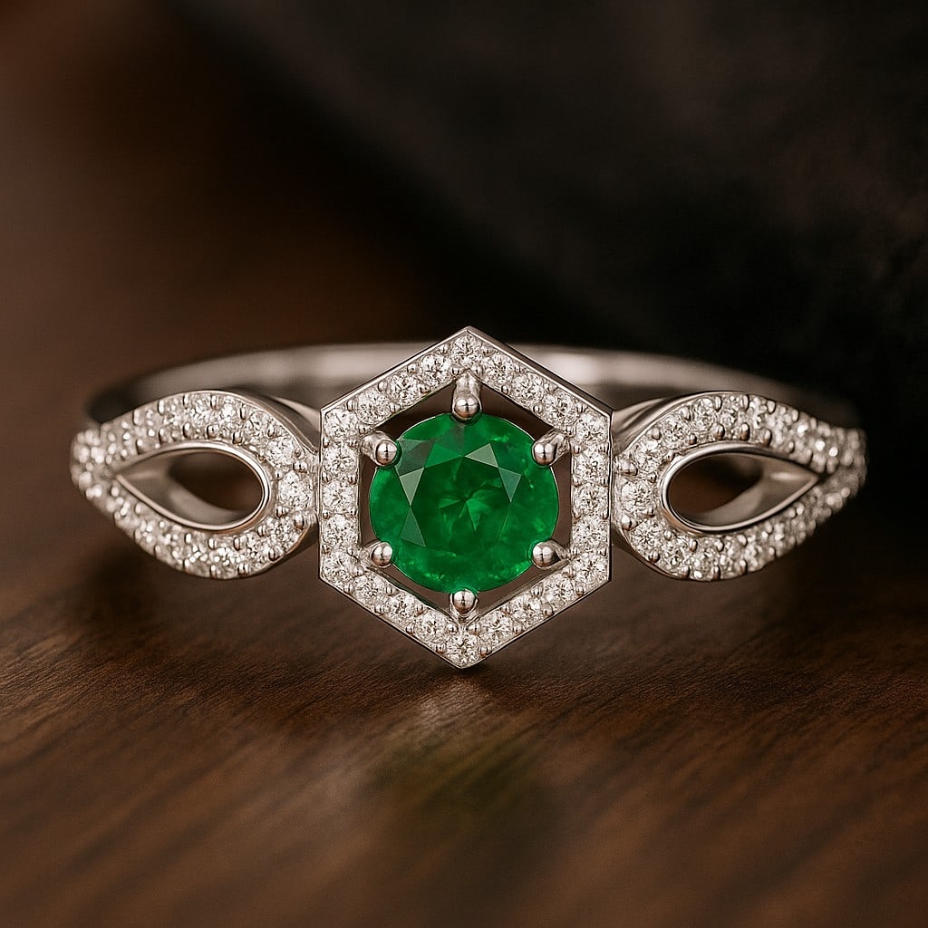 Lab Grown Emerald & Diamonds Silver Ring: Lab Grown Emerald & Diamonds Silver Ring Jewelry Type : Ring Gemstone : Lab Grown Emerald Gemstone Shape : Round Gemstone Size : 5 MM Gemstone Quantity : 1 Piece Diamond Type : Lab Grown<