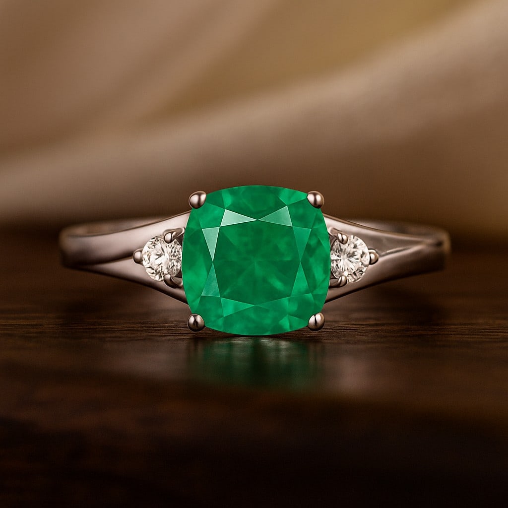Lab Grown Emerald & Diamonds Silver Ring: Lab Grown Emerald & Diamonds Silver Ring Jewelry Type : Ring Gemstone : Lab Grown Emerald Gemstone Shape : Cushion Square Gemstone Size : 8 MM Gemstone Quantity : 1 Piece Diamond Type : L
