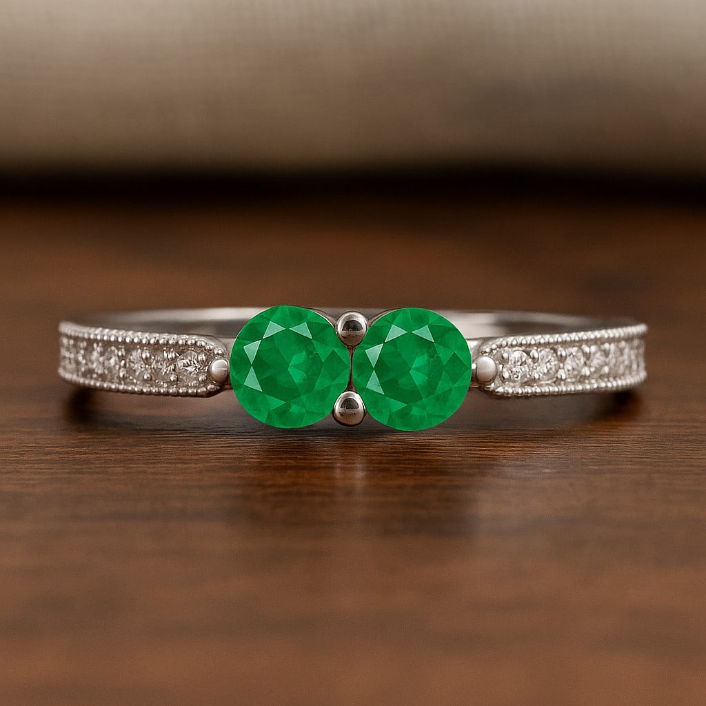 Lab Grown Emerald & Diamonds Silver Ring: Lab Grown Emerald & Diamonds Silver Ring Jewelry Type : Ring Gemstone : Lab Grown Emerald Gemstone Shape : Round Gemstone Size : 4 MM Gemstone Quantity : 2 Pieces Diamond Type : Lab Grown