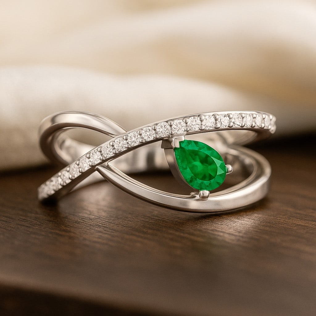 Lab Grown Emerald & Diamonds Silver Ring: Lab Grown Emerald & Diamonds Silver Ring Jewelry Type : Ring Gemstone : Lab Grown Emerald Gemstone Shape : Pear Gemstone Size : 6x4 MM Gemstone Quantity : 1 Piece Diamond Type : Lab Grown