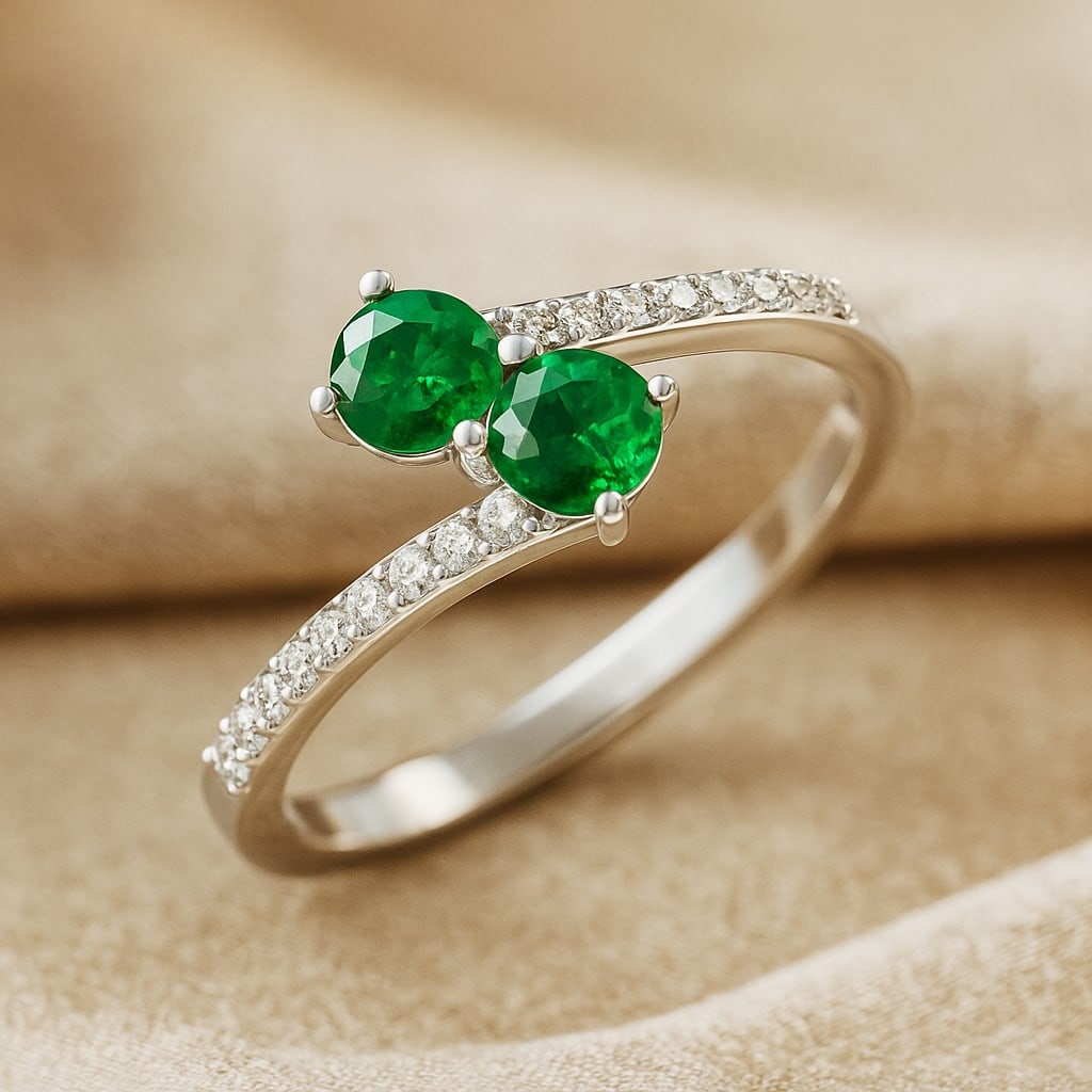 Lab Grown Emerald & Diamonds Silver Ring: Lab Grown Emerald & Diamonds Silver Ring Jewelry Type : Ring Gemstone : Lab Grown Emerald Gemstone Shape : Round Gemstone Size : 3.5 MM Gemstone Quantity : 2 Pieces Diamond Type : Lab Grown Diamond