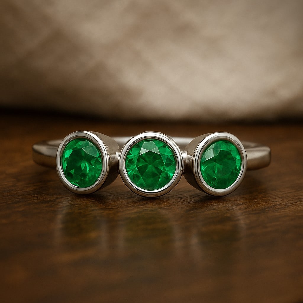 Lab Grown Emerald Gemstone 92.5 Sterling Silver Ring: Lab Grown Emerald Gemstone 92.5 Sterling Silver Ring Jewelry Type : Ring Gemstone : Lab Grown Emerald Gemstone Shape : Round Gemstone Size : 3.5 MM Gemstone Quantity : 3 Pieces Metal : Silver Metal