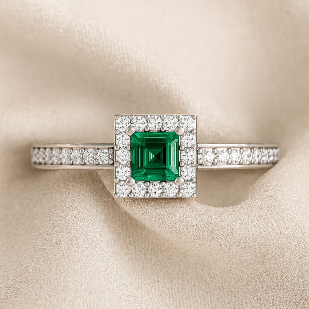 Lab Grown Emerald & Diamonds Silver Ring: Lab Grown Emerald & Diamonds Silver Ring Jewelry Type : Ring Gemstone : Lab Grown Emerald Gemstone Shape : Princess Gemstone Size : 4 MM Gemstone Quantity : 1 Piece Diamond Type : Lab Gro