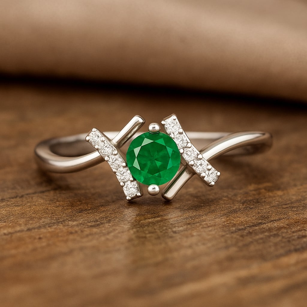 Lab Grown Emerald & Diamonds Silver Ring: Lab Grown Emerald & Diamonds Silver Ring Jewelry Type : Ring Gemstone : Lab Grown Emerald Gemstone Shape : Round Gemstone Size : 4.5 MM Gemstone Quantity : 1 Piece Diamond Type : Lab Grow