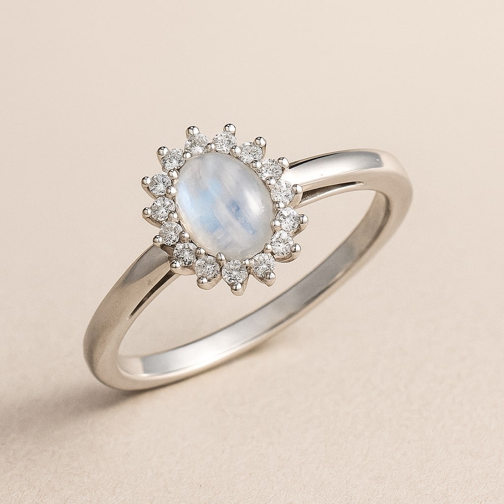 Natural Moonstone Gemstone & Lab Grown Diamonds Silver Ring: Natural Moonstone Gemstone & Lab Grown Diamonds Silver Ring Jewelry Type : Ring Gemstone : Natural Moonstone Gemstone Shape : Oval Gemstone Size : 7x5 MM Gemstone Quantity : 1 Piece Diamond