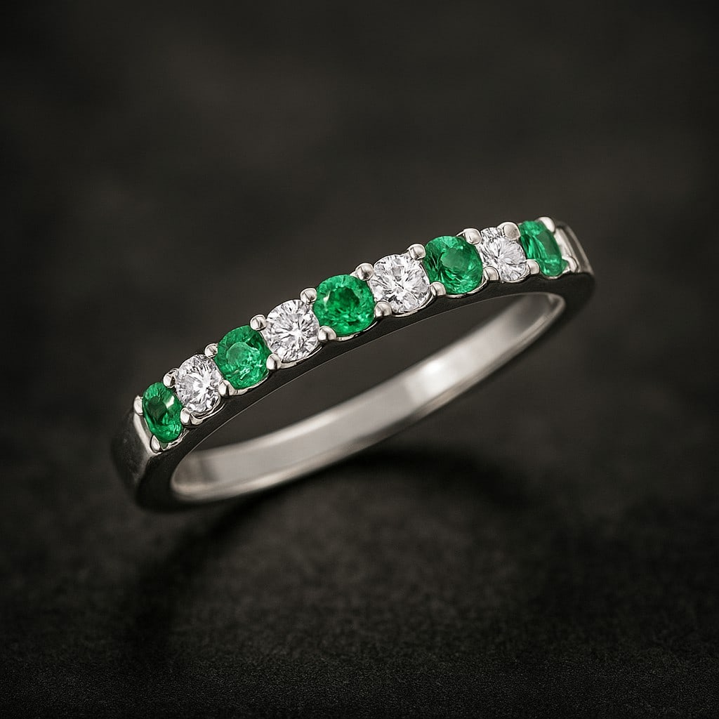 Lab Grown Emerald & Diamonds Silver Ring: Lab Grown Emerald & Diamonds Silver Ring Jewelry Type : Ring Gemstone : Lab Grown Emerald Gemstone Shape : Round Gemstone Size : 2.5 MM Gemstone Quantity : 5 Pieces Diamond Type : Lab Gro