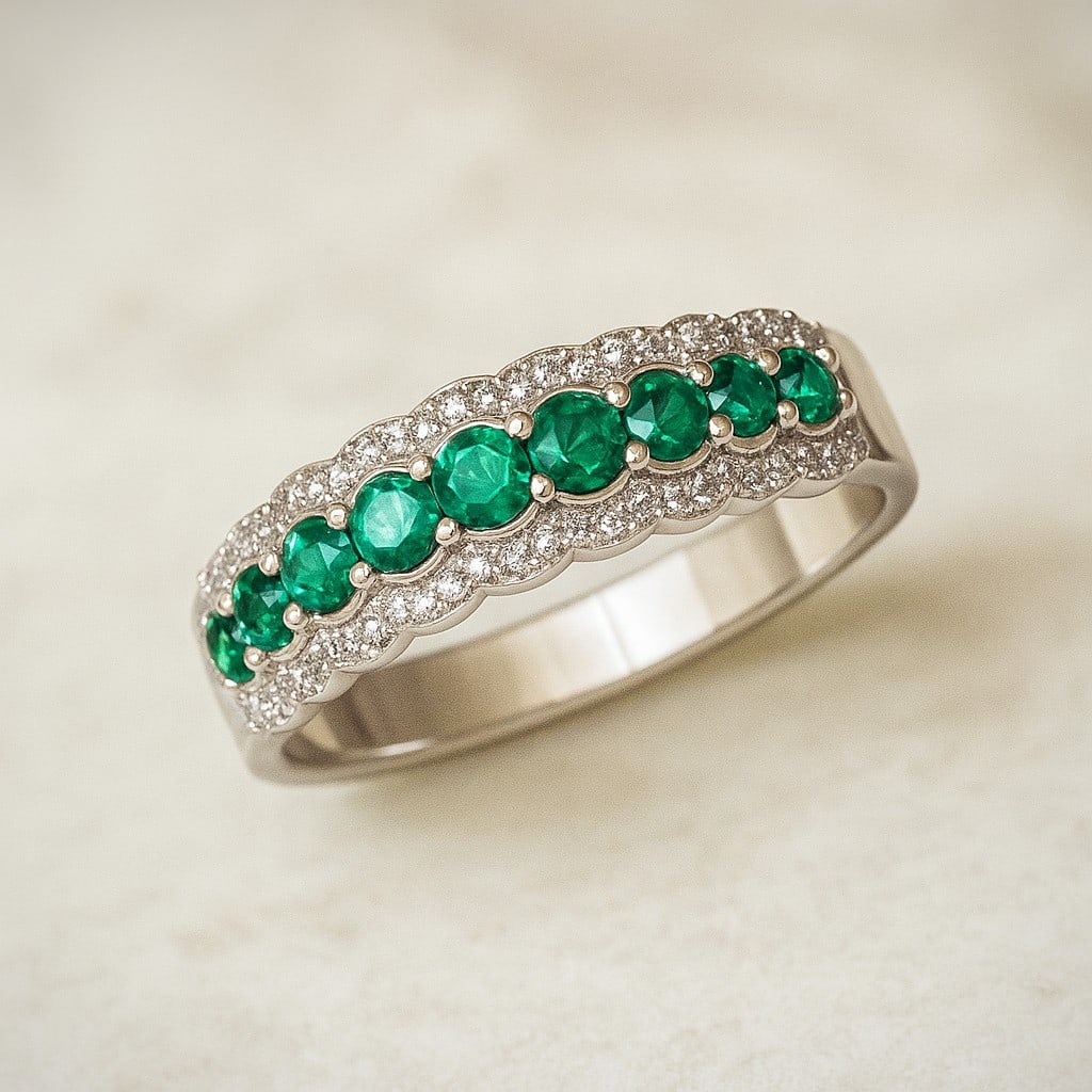 Lab Grown Emerald & Diamonds Silver Ring: Lab Grown Emerald & Diamonds Silver Ring Jewelry Type : Ring Gemstone : Lab Grown Emerald Gemstone Shape : Round Gemstone Size : 3 MM, 2.8 MM, 2.5 MM, 2.2 MM, 2 MM Gemstone Quantity : 2 pieces<