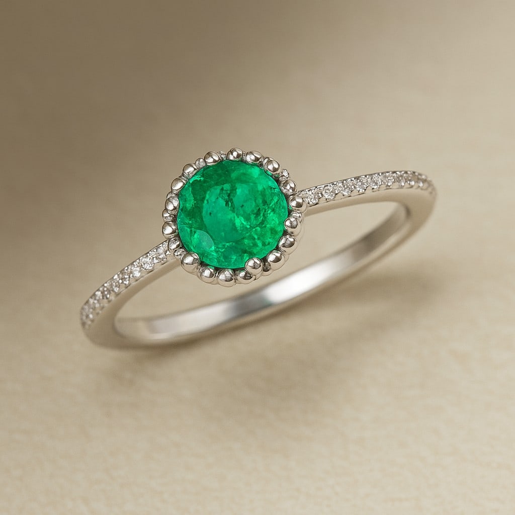 Lab Grown Emerald & Diamonds Silver Ring: Lab Grown Emerald & Diamonds Silver Ring Jewelry Type : Ring Gemstone : Lab Grown Emerald Gemstone Shape : Round Gemstone Size : 7 MM Gemstone Quantity : 1 Piece Diamond Type : Lab Grown<