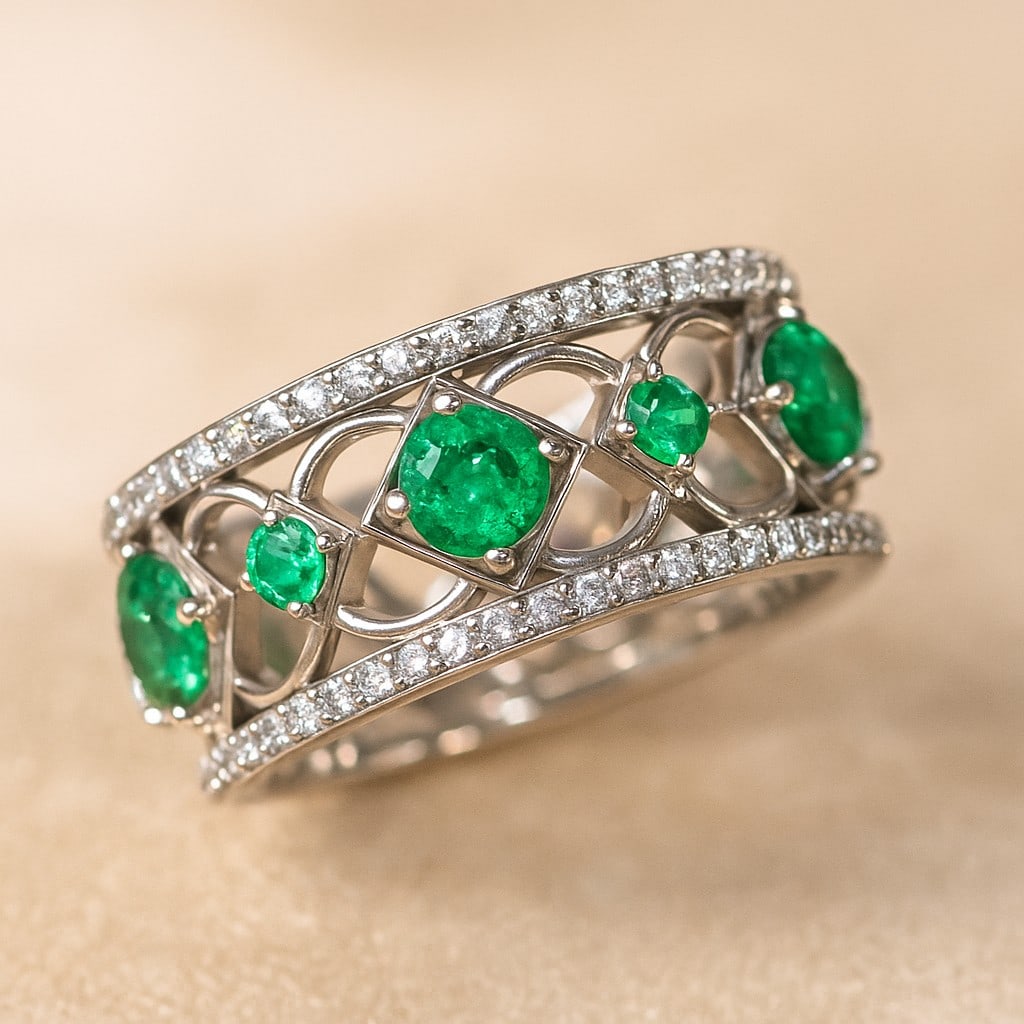 Lab Grown Emerald & Diamonds Silver Ring: Lab Grown Emerald & Diamonds Silver Ring Jewelry Type : Ring Gemstone : Lab Grown Emerald Gemstone Shape : Round Gemstone Size : 4 MM, 2.5 MM Gemstone Quantity : 3 Pieces, 2 Pieces Diamond T