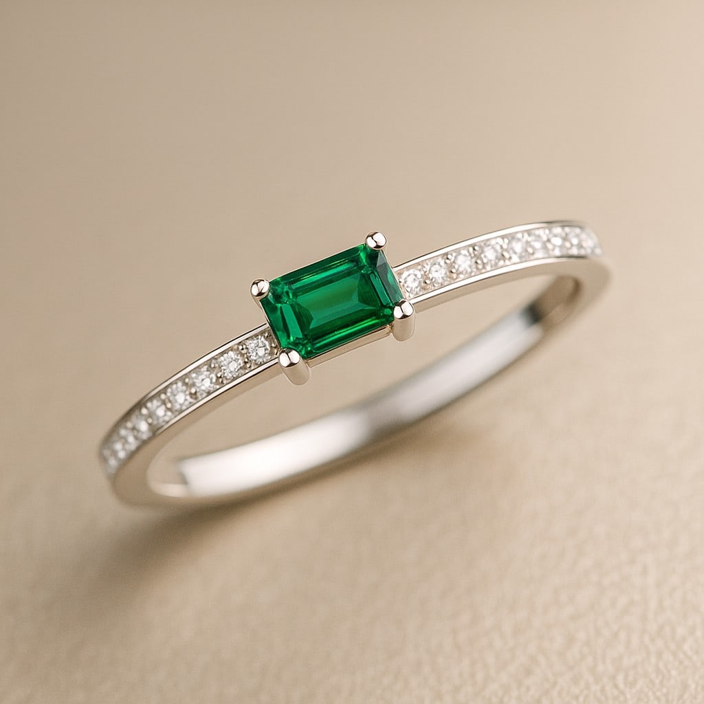 Lab Grown Emerald & Diamonds Silver Ring: Lab Grown Emerald & Diamonds Silver Ring Jewelry Type : Ring Gemstone : Lab Grown Emerald Gemstone Shape : Emerald Gemstone Size : 5x3 MM Gemstone Quantity : 1 Piece Diamond Type : Lab Gr