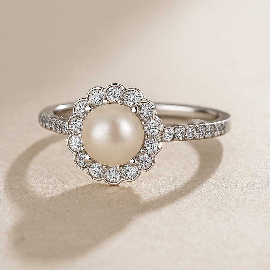 Natural Pearl Gemstone & Lab Grown Diamonds Silver Ring: Natural Pearl Gemstone & Lab Grown Diamonds Silver Ring Jewelry Type : Ring Gemstone : Natural Pearl Gemstone Shape : Round Gemstone Size : 7 MM Gemstone Quantity : 1 Piece Diamond Type :