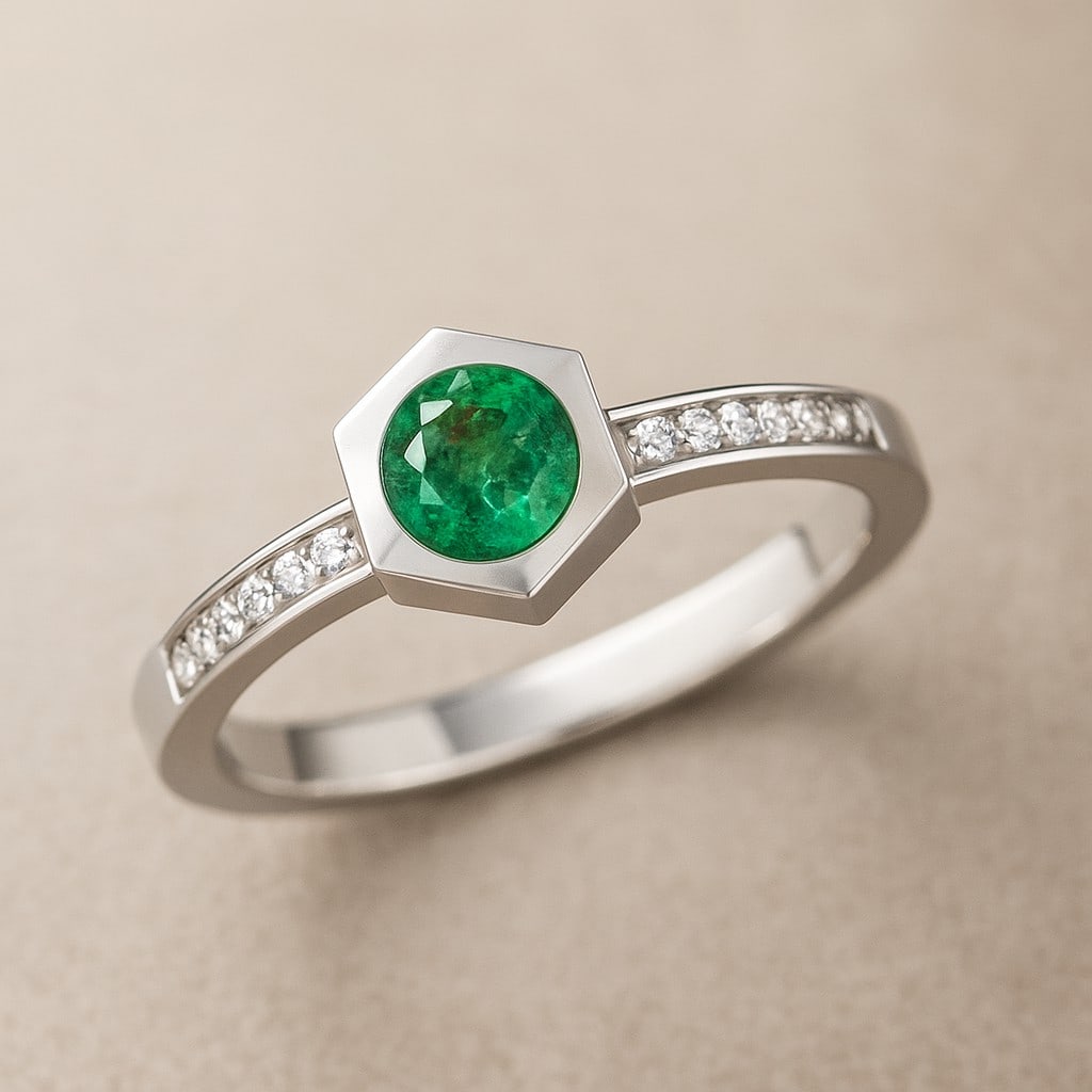 Lab Grown Emerald & Diamonds Silver Ring: Lab Grown Emerald & Diamonds Silver Ring Jewelry Type : Ring Gemstone : Lab Grown Emerald Gemstone Shape : Round Gemstone Size : 5 MM Gemstone Quantity : 1 Piece Diamond Type : Lab Grown<