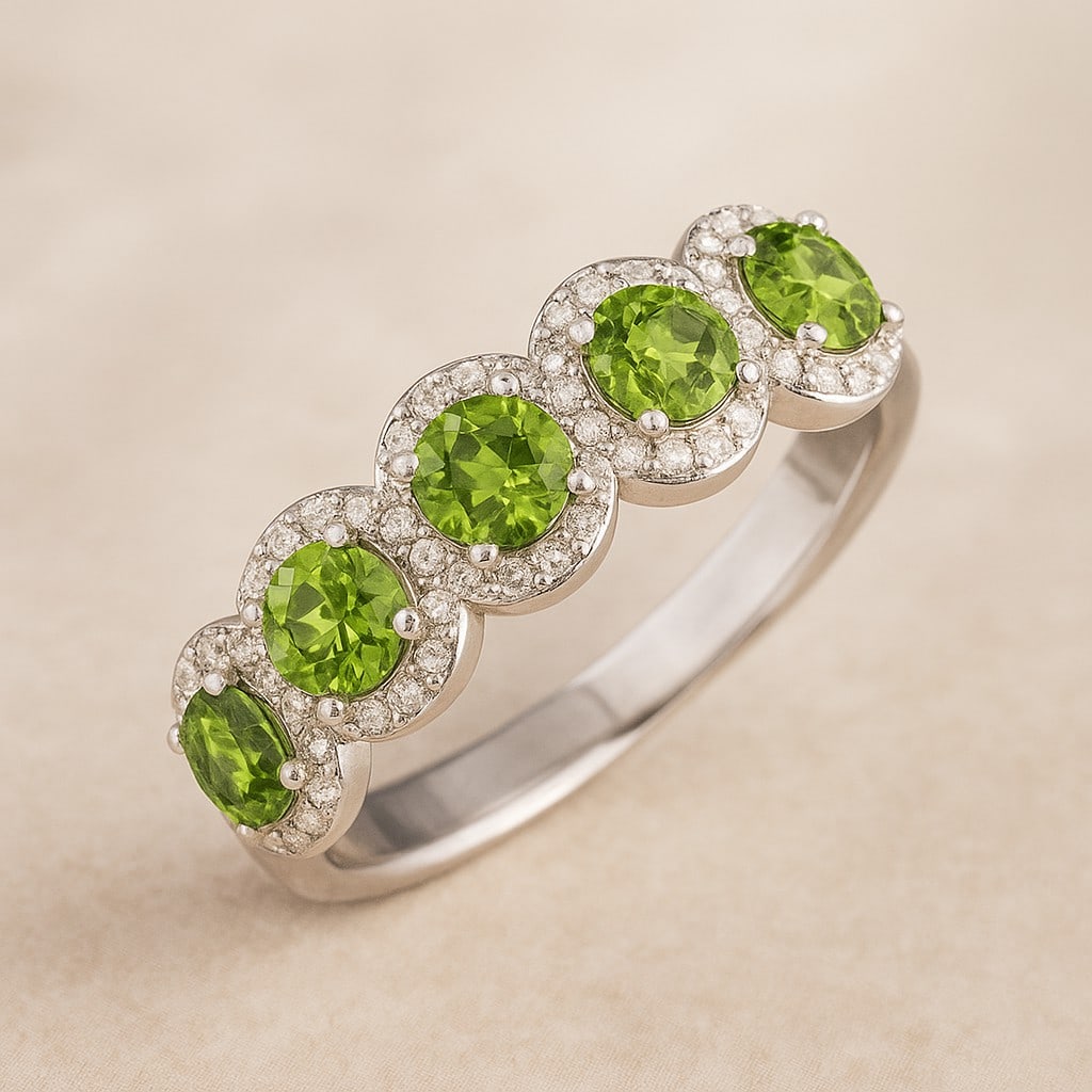 Natural Peridot Gemstone & Lab Grown Diamonds Silver Ring: Natural Peridot Gemstone & Lab Grown Diamonds Silver Ring Jewelry Type : Ring Gemstone : Natural Peridot Gemstone Shape : Round Gemstone Size : 4 MM Gemstone Quantity : 5 Pieces Diamond Type