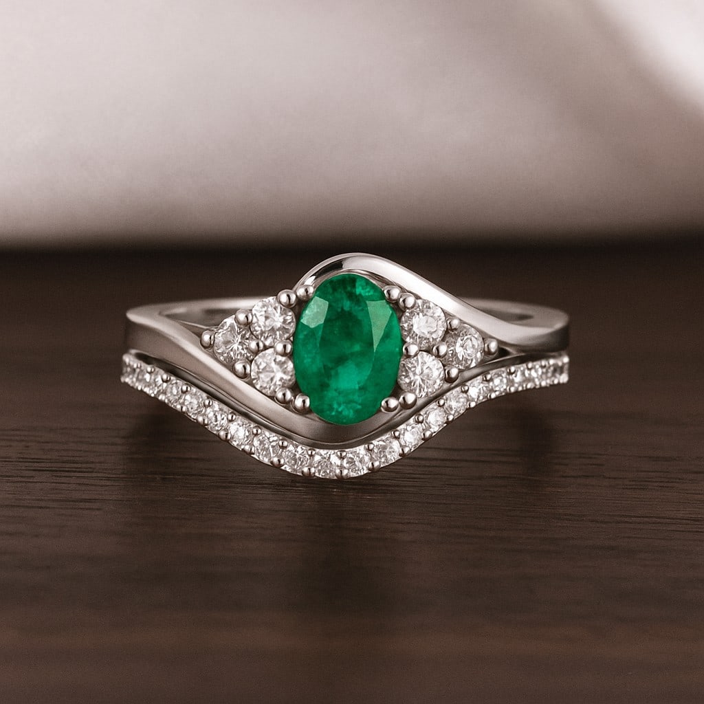 Lab Grown Emerald & Diamonds Silver Ring: Lab Grown Emerald & Diamonds Silver Ring Jewelry Type : Ring Gemstone : Lab Grown Emerald Gemstone Shape : Oval Gemstone Size : 6x4 MM Gemstone Quantity : 1 Piece Diamond Type : Lab Grown