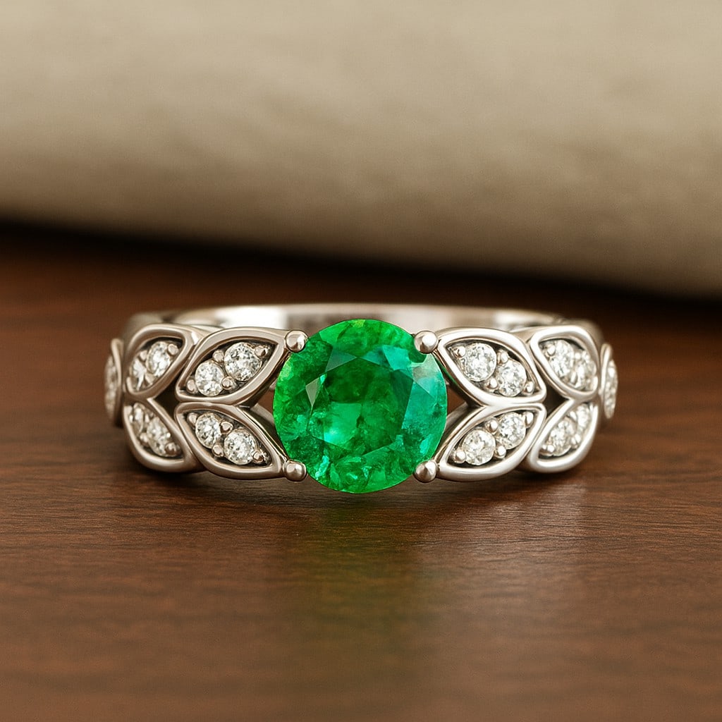 Lab Grown Emerald & Diamonds Silver Ring: Lab Grown Emerald & Diamonds Silver Ring Jewelry Type : Ring Gemstone : Lab Grown Emerald Gemstone Shape : Round Gemstone Size : 7 MM Gemstone Quantity : 1 Piece Diamond Type : Lab Grown<