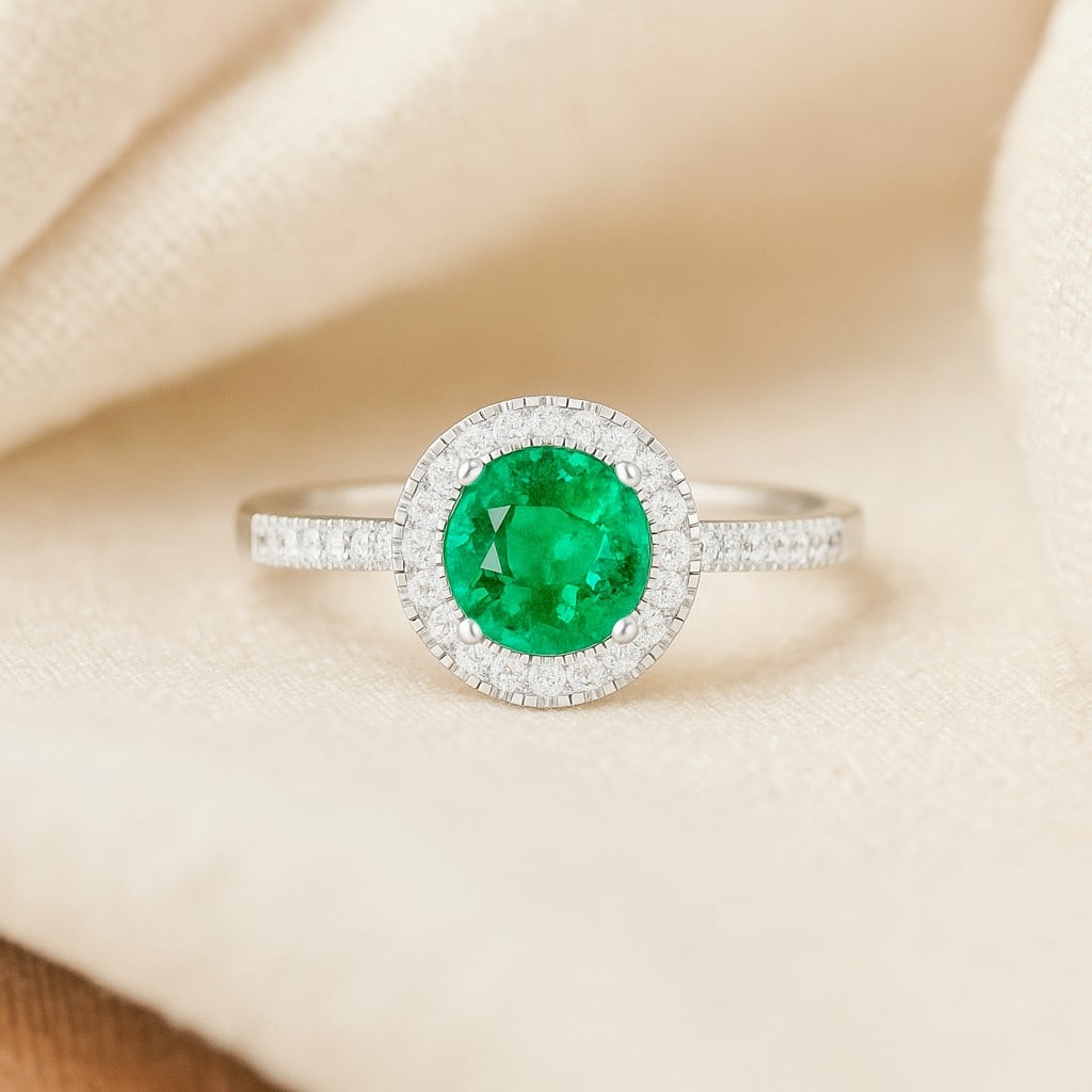 Lab Grown Emerald & Diamonds Silver Ring: Lab Grown Emerald & Diamonds Silver Ring Jewelry Type : Ring Gemstone : Lab Grown Emerald Gemstone Shape : Round Gemstone Size : 7 MM Gemstone Quantity : 1 Piece Diamond Type : Lab Grown<
