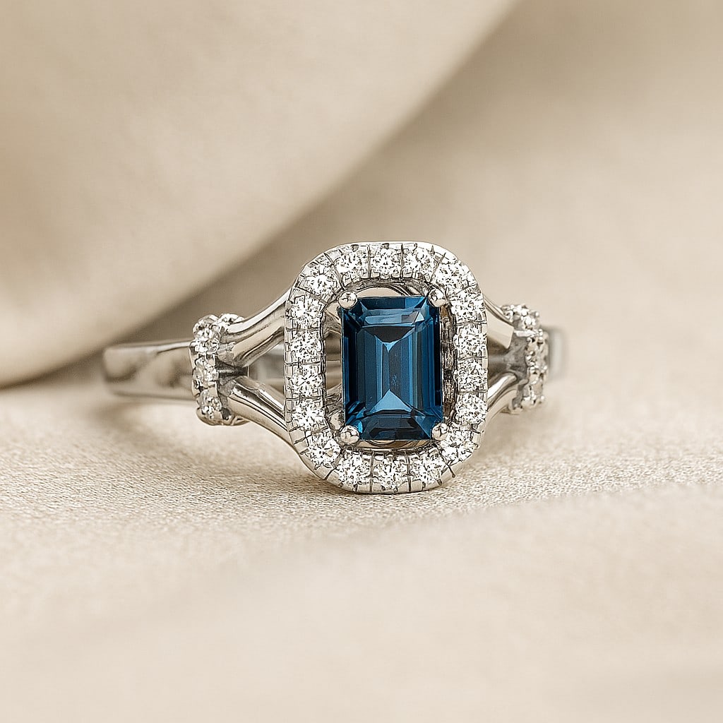 Natural London Blue Topaz Gemstone & Lab Grown Diamonds Silver Ring: Natural London Blue Topaz Gemstone & Lab Grown Diamonds Silver Ring Jewelry Type : Ring Gemstone : Natural London Blue Topaz Gemstone Shape : Emerald Gemstone Size : 6x4 MM Gemstone Quantity : 1 Pi