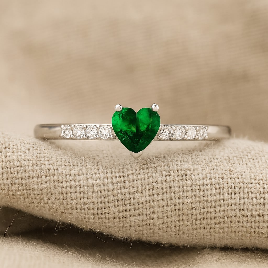 Lab Grown Emerald & Diamonds Silver Ring: Lab Grown Emerald & Diamonds Silver Ring Jewelry Type : Ring Gemstone : Lab Grown Emerald Gemstone Shape : Heart Gemstone Size : 5 MM Gemstone Quantity : 1 Piece Diamond Type : Lab Grown<