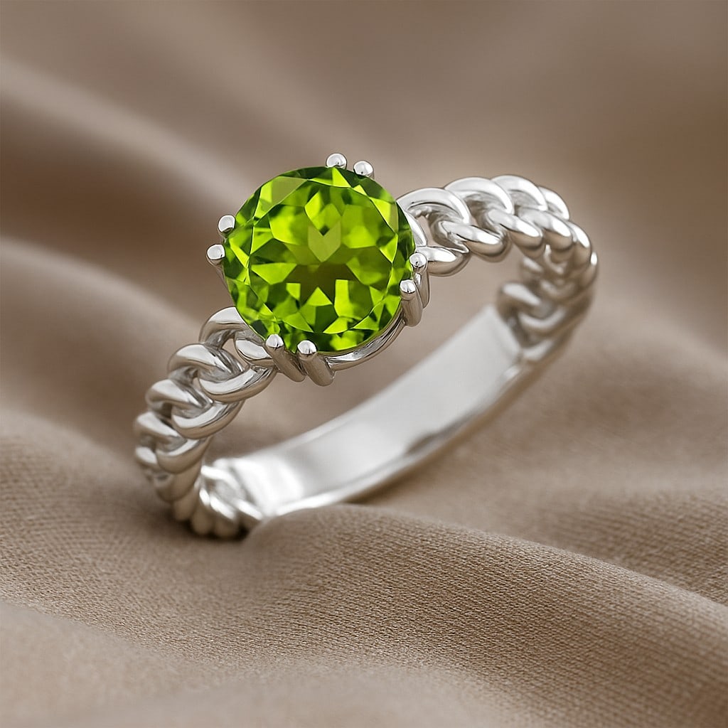 Natural Peridot Gemstone 92.5 Sterling Silver Ring: Natural Peridot Gemstone 92.5 Sterling Silver Ring Jewelry Type : Ring Gemstone : Natural Peridot Gemstone Shape : Round Gemstone Size : 8 MM Gemstone Quantity : 1 Piece Metal : Silver