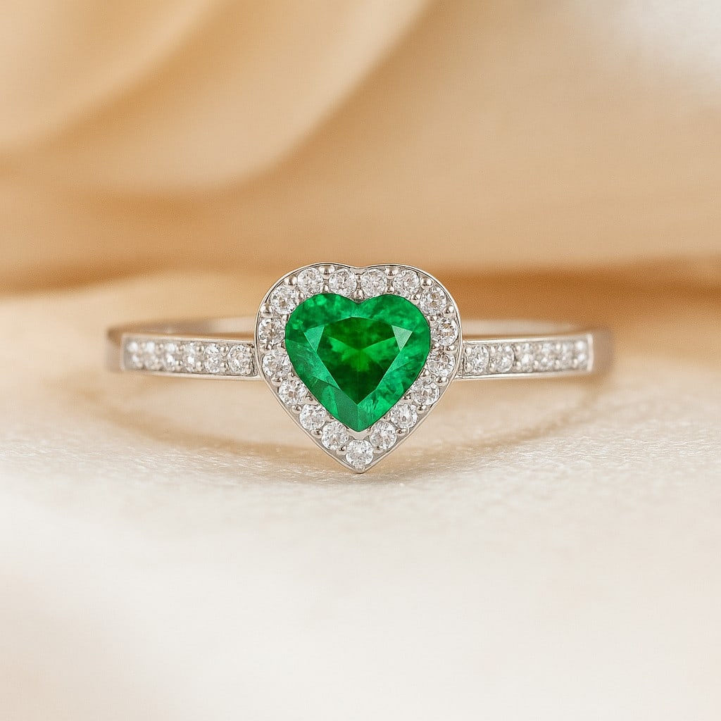 Lab Grown Emerald & Diamonds Silver Ring: Lab Grown Emerald & Diamonds Silver Ring Jewelry Type : Ring Gemstone : Lab Grown Emerald Gemstone Shape : Heart Gemstone Size : 6 MM Gemstone Quantity : 1 Piece Diamond Type : Lab Grown<