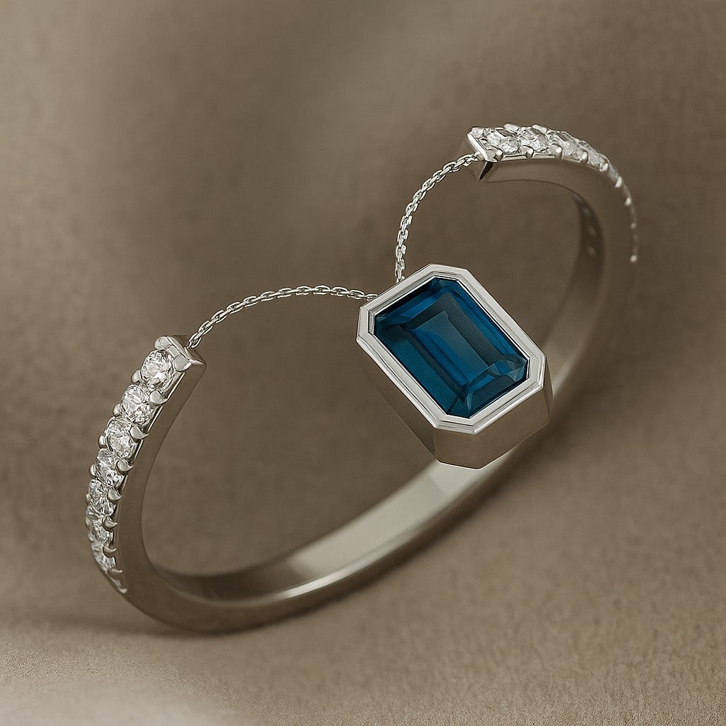 Natural London Blue Topaz Gemstone & Lab Grown Diamonds Silver Ring: Natural London Blue Topaz Gemstone & Lab Grown Diamonds Silver Ring Jewelry Type : Ring Gemstone : Natural London Blue Topaz Gemstone Shape : Emerald Gemstone Size : 5x3 MM Gemstone Quantity : 1 Pi